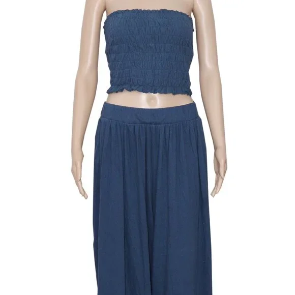 Free People Solange Set Deep Seas Ruffled Pull-On Wide-Leg Smocked Top & Pants - Picture 3 of 7